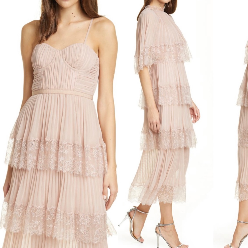 NWT Self-Portrait Lace Trim Tiered Chiffon Dress and Removable Shawl